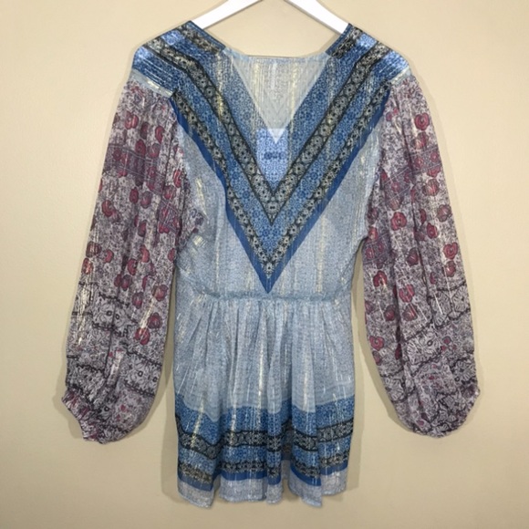 Free People Peasant Tunic Long Sleeve Sheer Top Chic Boho Printed V-neck Overlay - Picture 7 of 16
